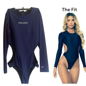 One Piece Cutout Waist Rash-guard Bodysuit Long Sleeve Women’s Large Navy Blue